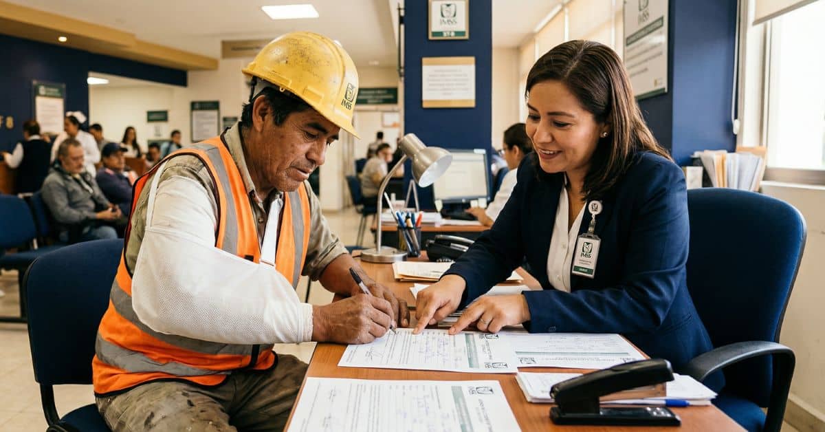 Trabajador de construcción con casco y chaleco de seguridad firmando el reporte de un accidente laboral ante una empleada del IMSS