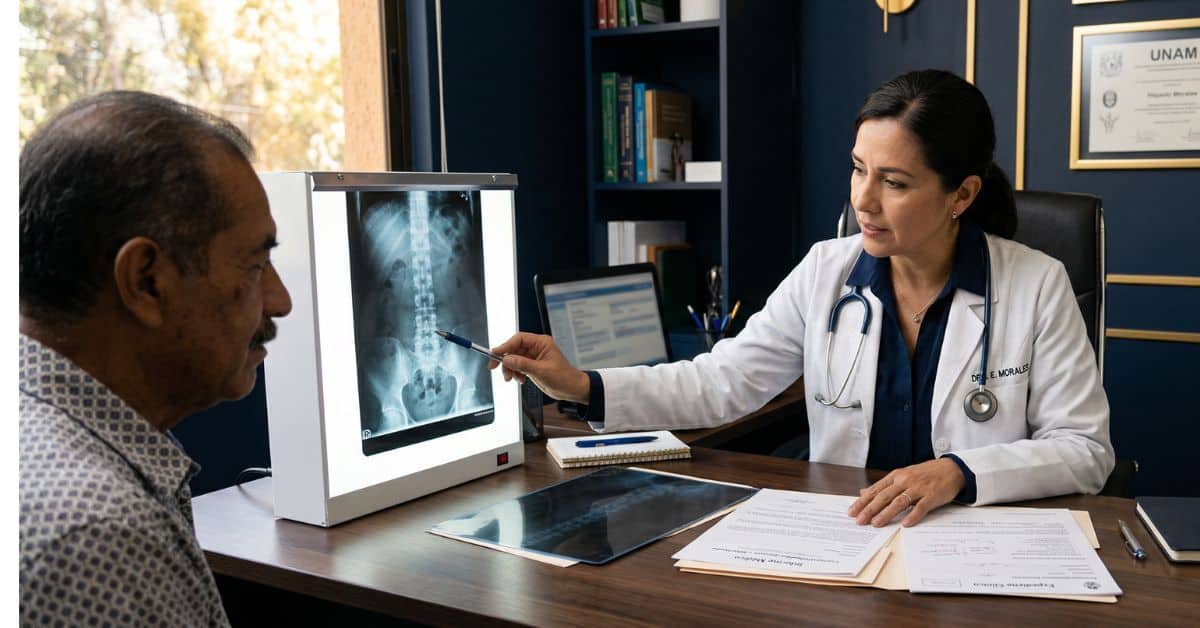Médica señalando una radiografía de columna vertebral en un negatoscopio para explicar el grado de incapacidad a un paciente