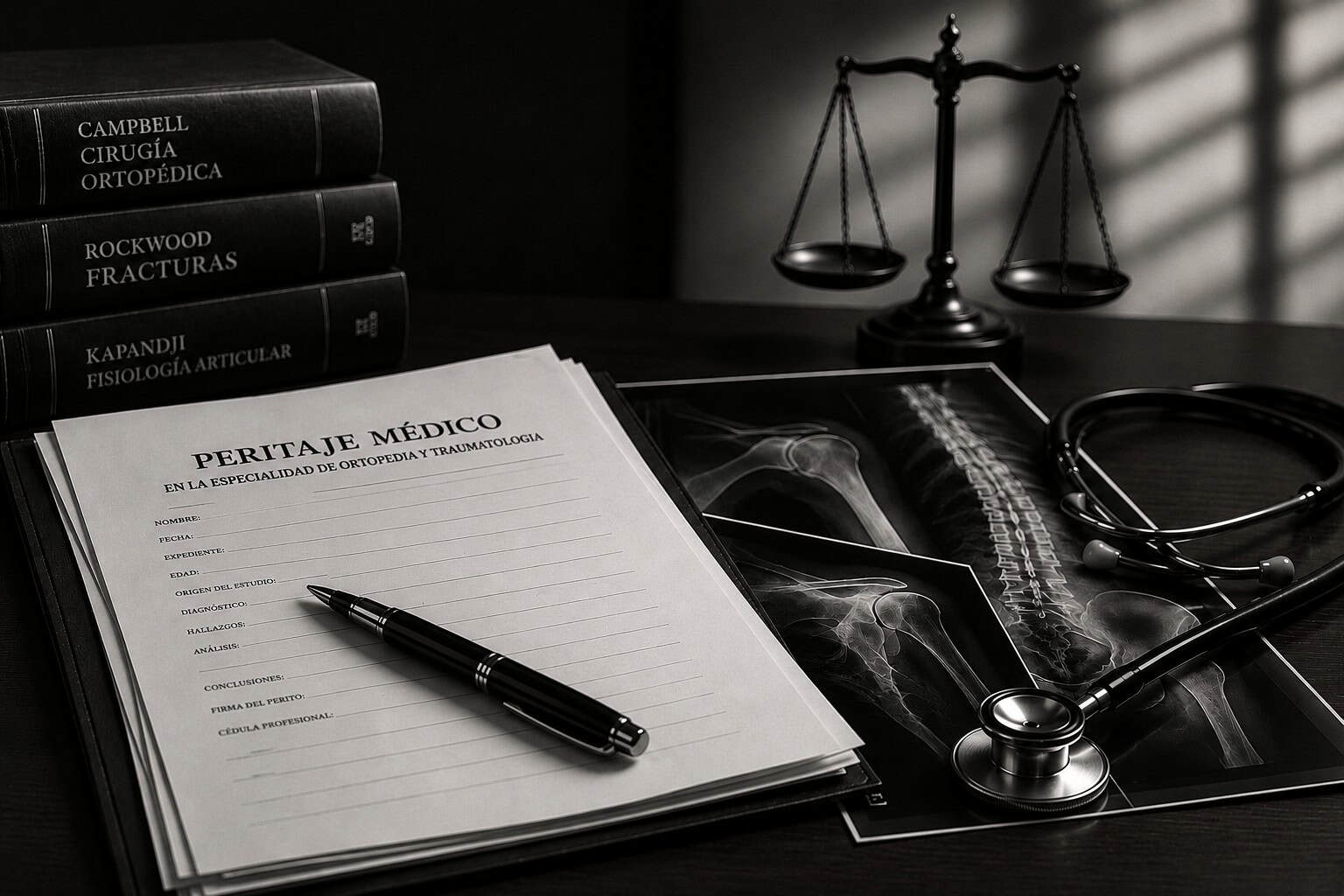 Formato de peritaje médico en ortopedia y traumatología sobre un escritorio con libros de referencia, radiografías y una balanza de la justicia