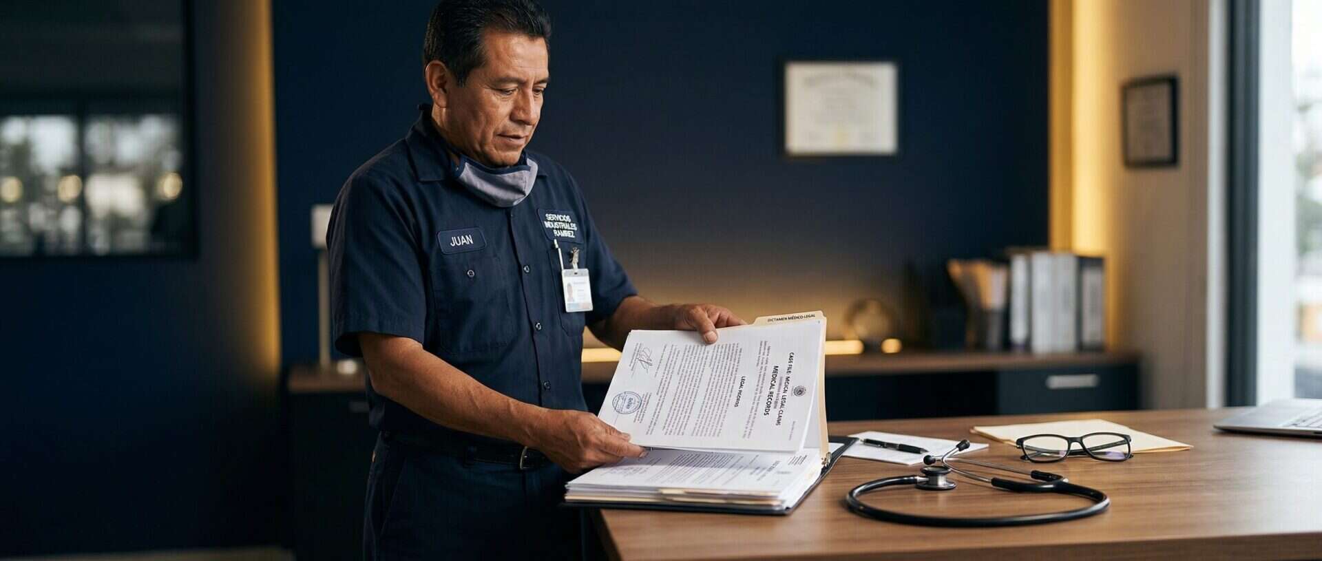 Trabajador revisando un documento oficial de valuación de incapacidad junto al escritorio de un consultorio médico
